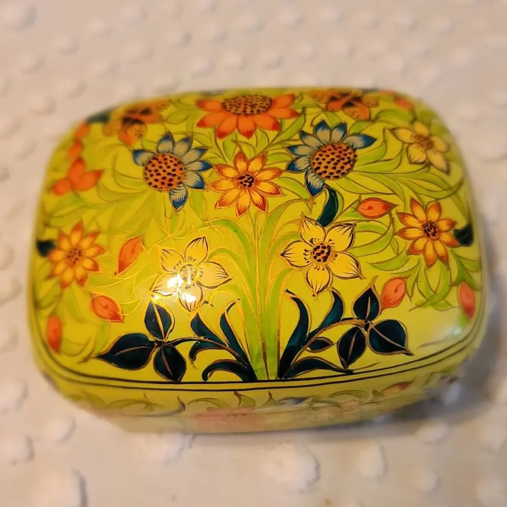 Vintage Kashmiri Yellow Floral Lacquer Trinket Lidded Box